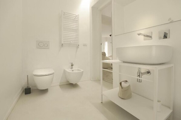 Shower, hair dryer, bidet, towels
