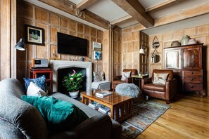 TV, fireplace, DVD player, books