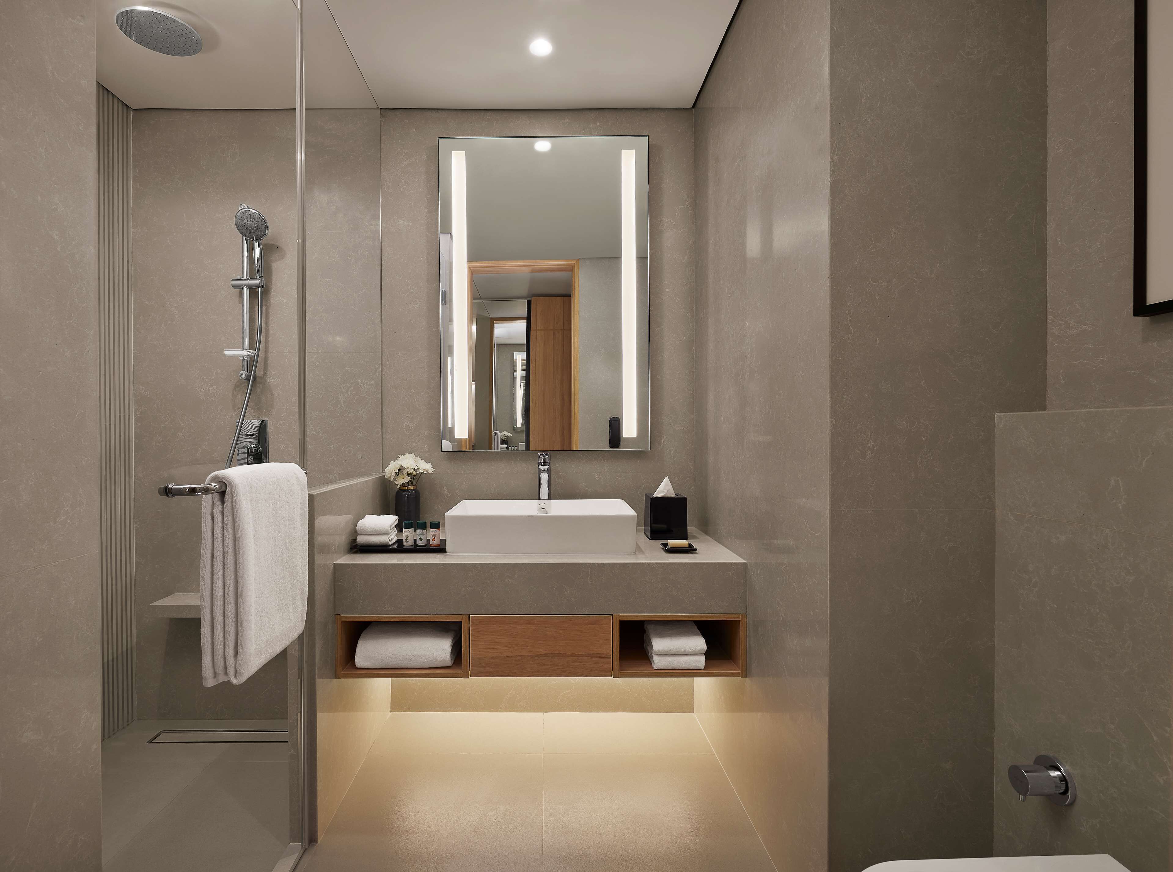 shower, rainfall showerhead, free toiletries, hair dryer