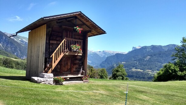 A wooden chalet with a balcony, surrounded by a grassy field and mountains in the background. - Clos des Loirs, 6. 55m2 duplex apartment, not overlooked (Samoëns)