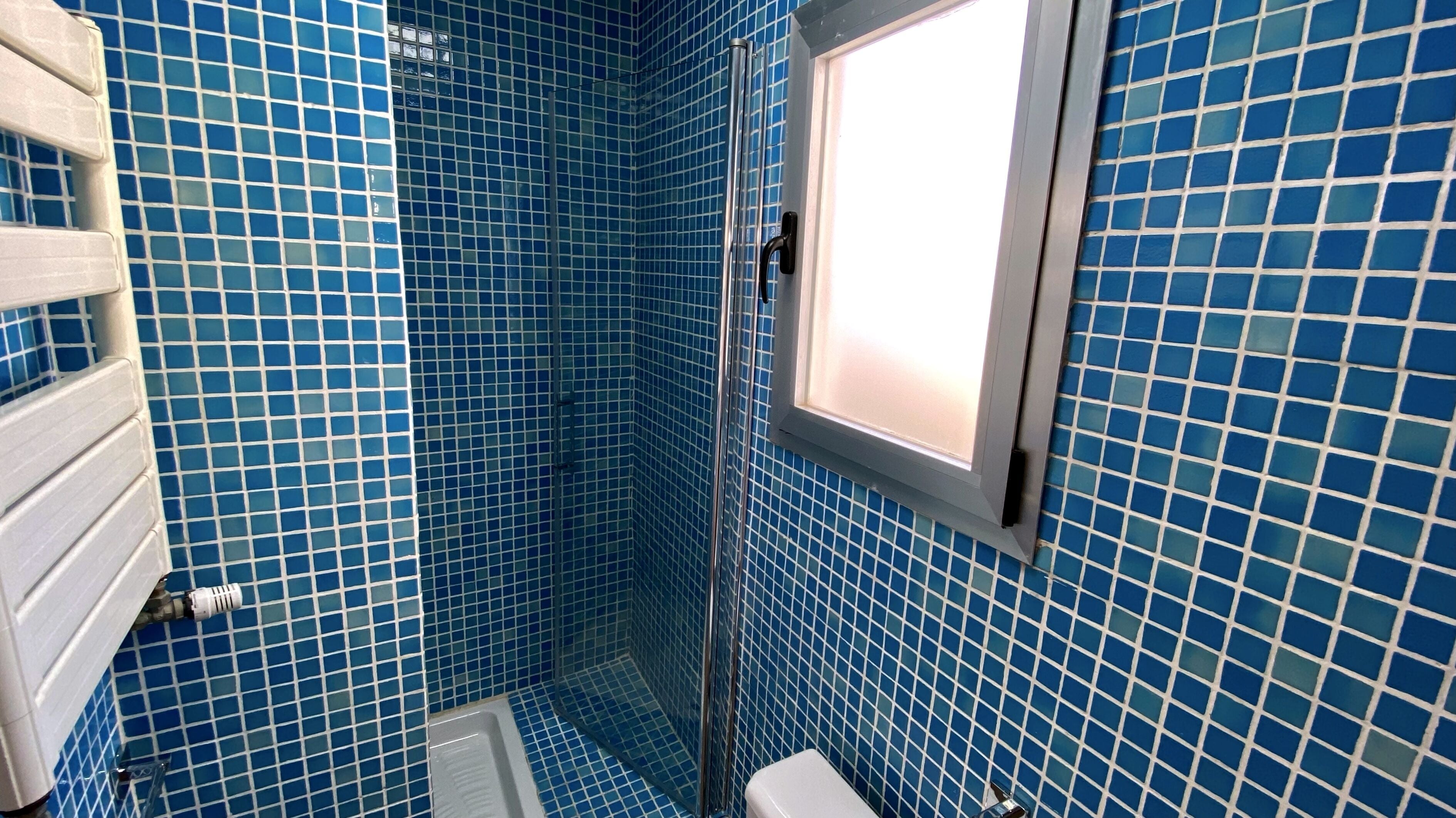A bathroom with blue mosaic tiles, a white toilet, and a window with a white frame.