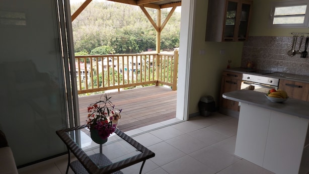 A kitchen with a wooden deck, a glass table with a vase, and a view of greenery. - Le Ti Colibri **vast T2 gite A FEW STEPS AWAY FROM L'ILET AUX IGUANES! (Le Robert)