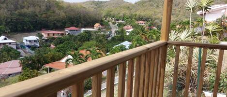 A wooden balcony with a view of a residential area, including houses and greenery.