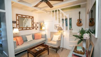 Smart TV, fireplace, books, music library