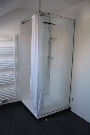 Shower, hair dryer, towels, soap