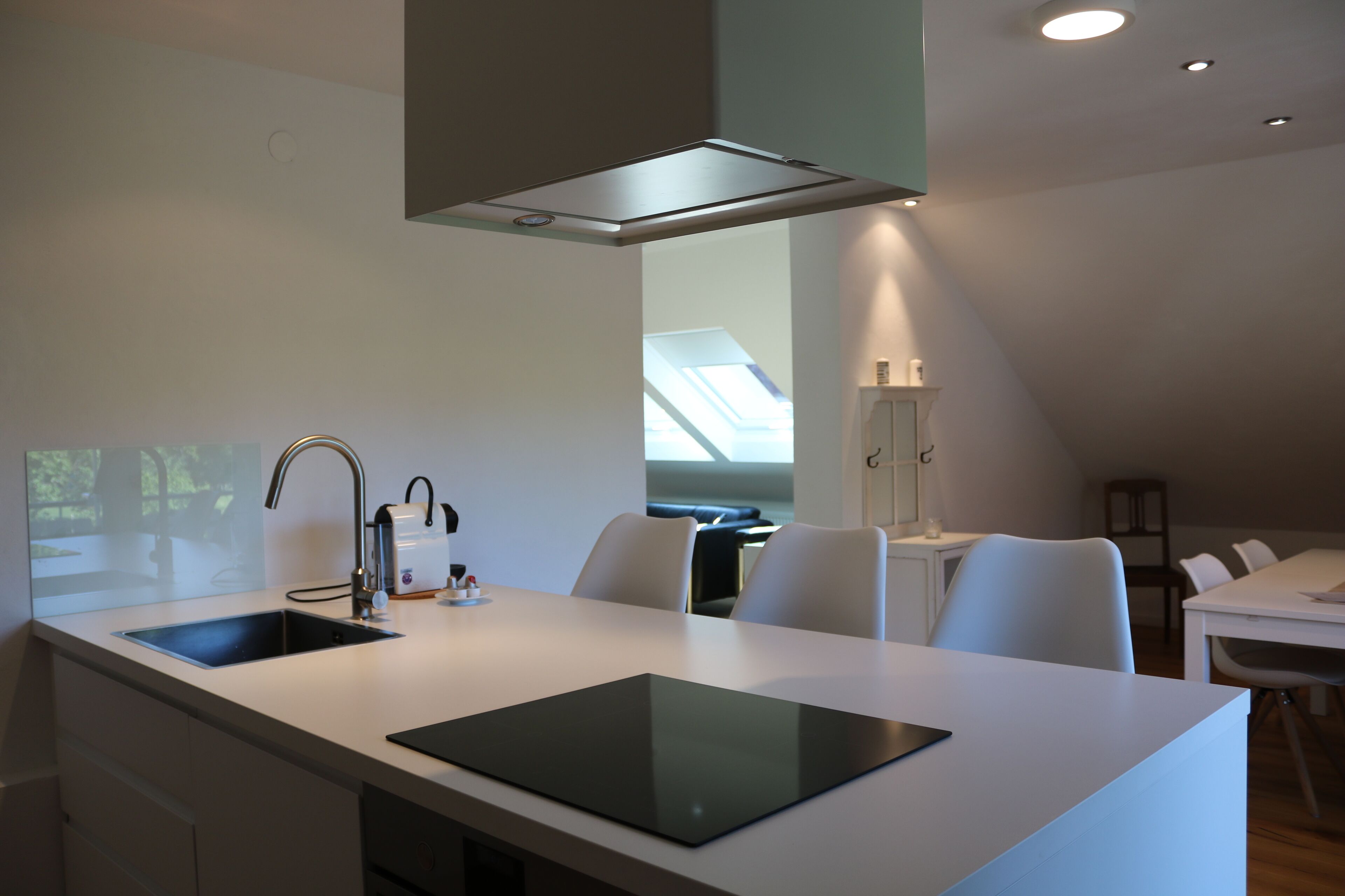 Fridge, stovetop, dishwasher, coffee/tea maker