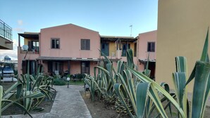 Ein Innenhof mit einem gepflasterten Weg, großen, grün-gelb gestreiften Pflanzen und einem Gebäude mit einer rosafarbenen Fassade und zahlreichen Fenstern.