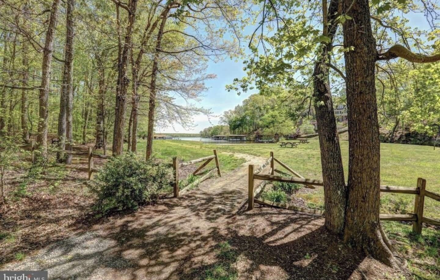 A forested area with a dirt path leading to a picnic area.