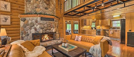 TV, fireplace, books, music library