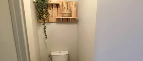 A small bathroom with a toilet, a wooden shelf above it, and a potted plant.