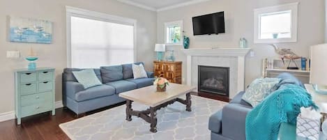 Smart TV, caminetto, libri, biblioteca musicale