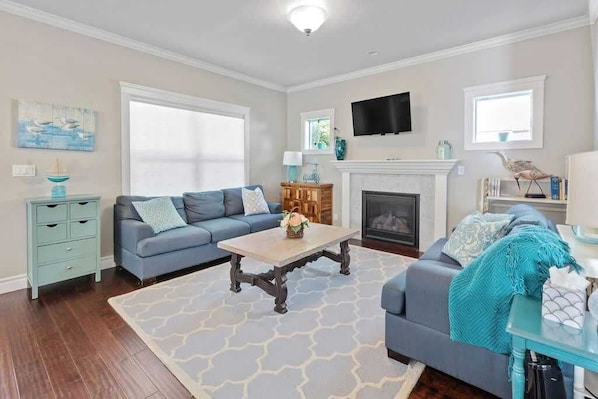 Smart TV, fireplace, books, music library