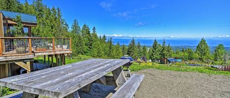 A wooden picnic table with a grill, surrounded by a forested area and a view of the ocean.