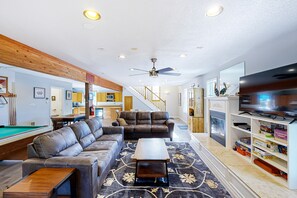 TV, fireplace, DVD player, table football