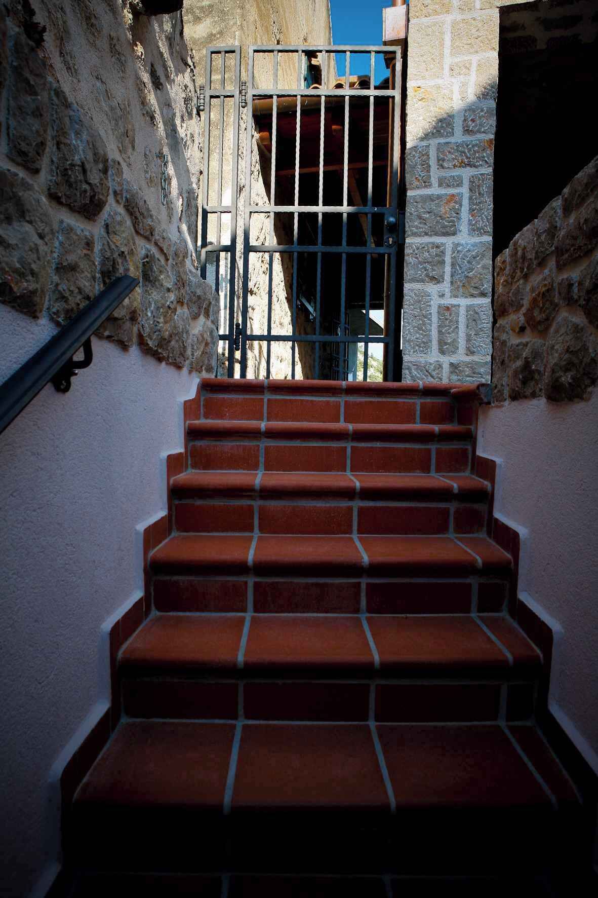 A staircase with red steps leading to a door with a metal gate.