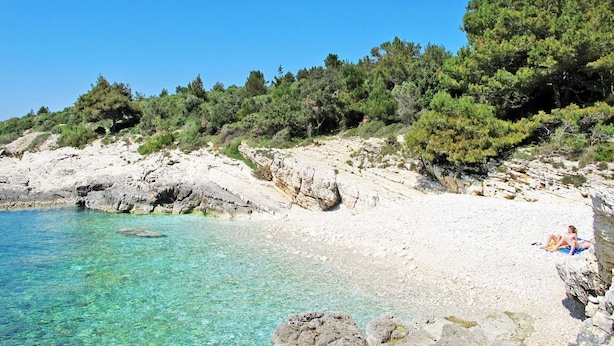 A beach with clear turquoise water, rocky terrain, and dense green trees. - Cosy apartment for 6 guests with A/C, hot tub, WIFI, TV, terrace and pets allowed (Premantura)
