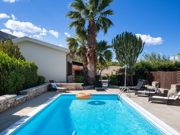 Una piscina con sillas de descanso, una palmera y un cactus.