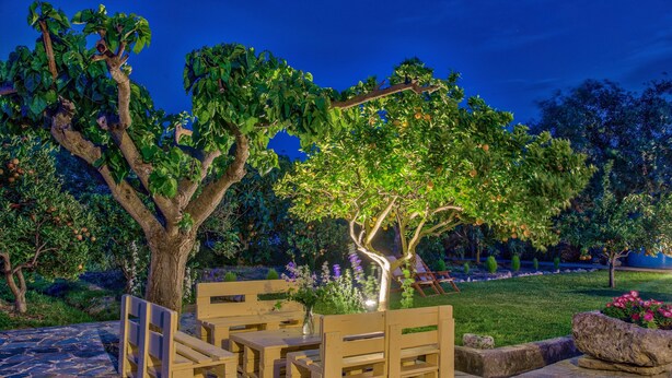 An outdoor seating area with wooden benches and tables, surrounded by trees and a well-maintained garden. -  Kipi Village Zakynthos (Ζάκυνθος)