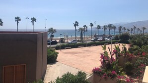 Une vue d’une zone de stationnement bordée de palmiers, avec une plage en arrière-plan.