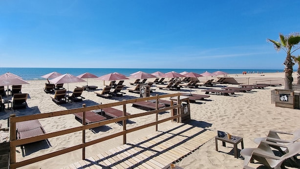 A beach with rows of sun loungers and umbrellas, a wooden deck, and a clear view of the ocean.