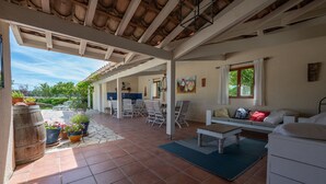 A covered patio area with a dining set, seating, and a view of the garden.