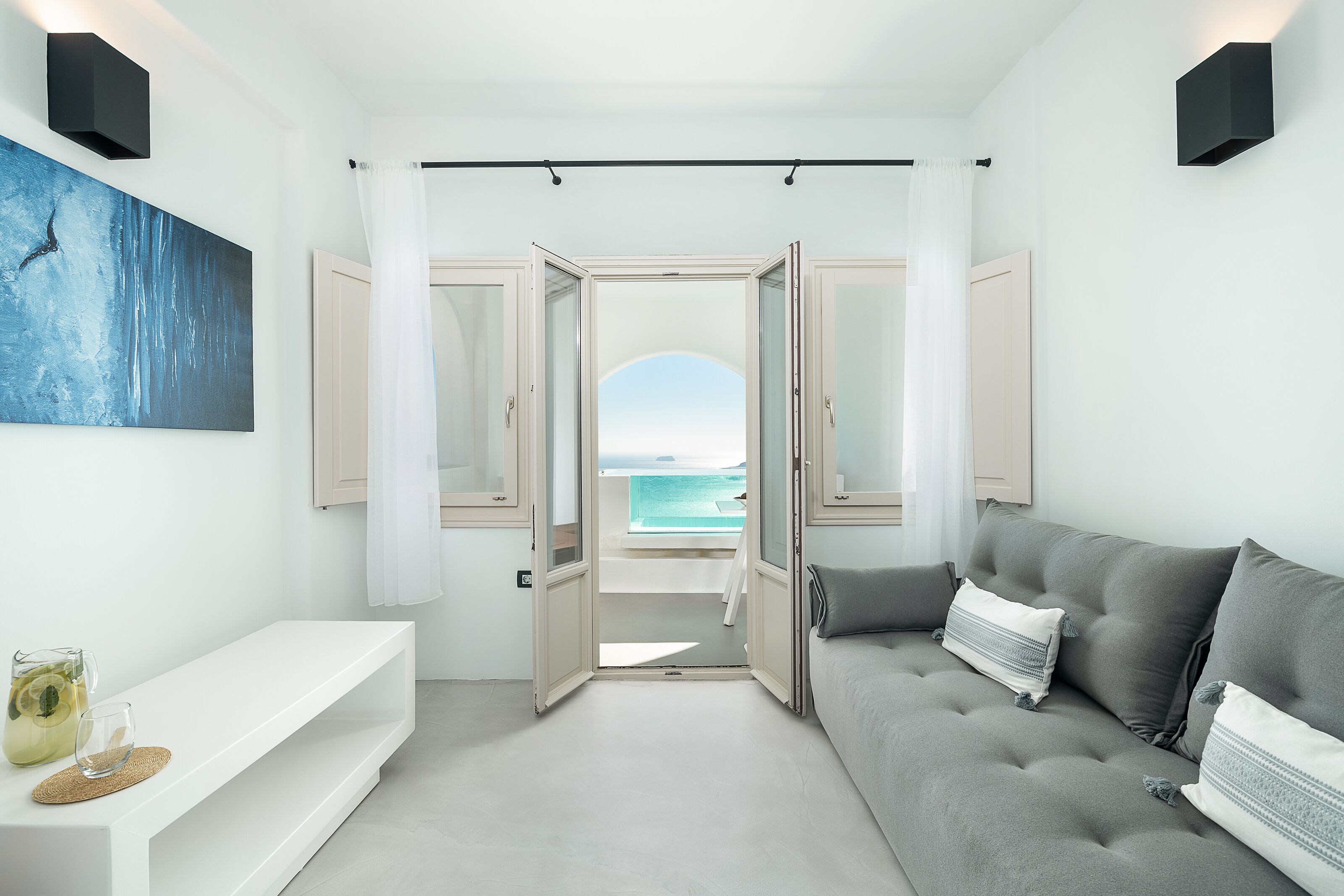 executive blue suite with hot tub and caldera view | 1 bedroom, premium bedding, minibar, in-room safe