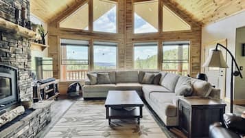 Una Smart TV, una chimenea, libros, una oficina