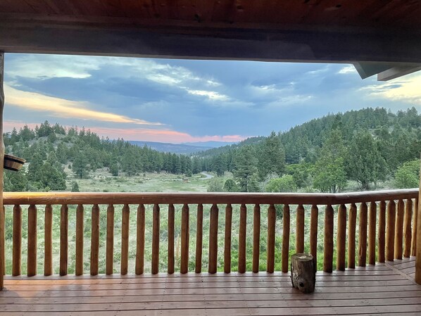 Une terrasse en bois avec une balustrade donnant sur une vallée boisée.
