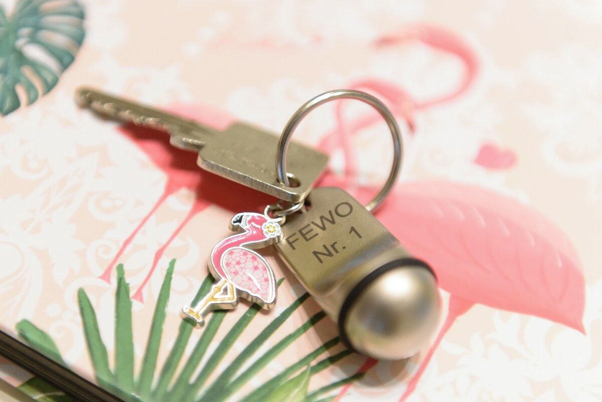 A keychain with a metal keyring and a key, a lock with a label, and a decorative item resembling a flamingo.