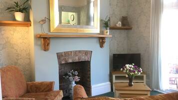 Smart TV, fireplace, books