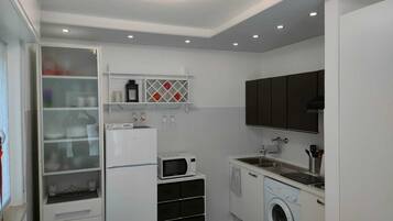 Fridge, microwave, stovetop, cookware/dishes/utensils