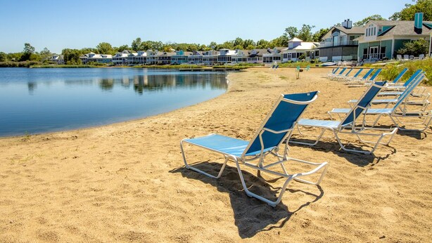 A beach with rows of blue and white sun loungers facing a calm lake, surrounded by a row of houses with a clear view of the water. - Beachwalk Resort Cottage with Pool Access/Golf Cart (Michigan City)