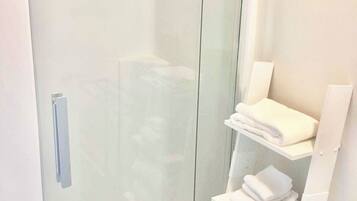 Douche, sèche-cheveux, serviettes fournies, savon