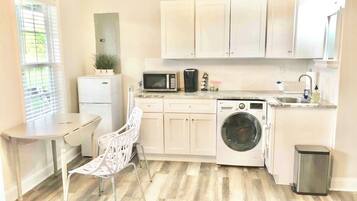 Fridge, microwave, coffee/tea maker, blender