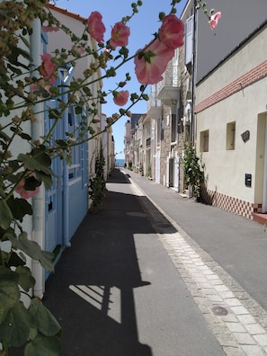 A narrow street lined with buildings, some with balconies and others with ground-level windows.