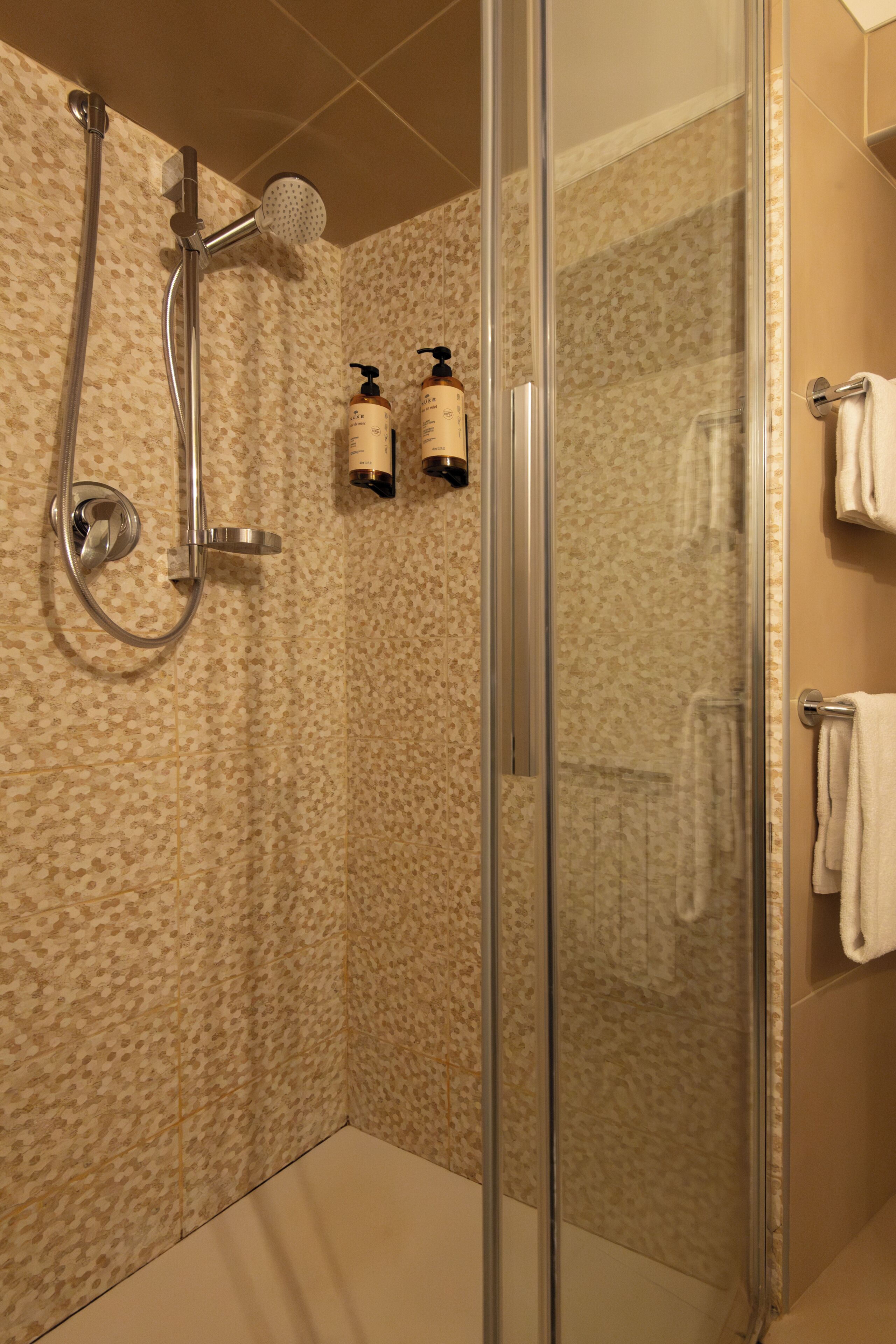 A shower with a glass door, a handheld showerhead, and two bottles of shampoo and conditioner on the wall.