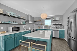 Fridge, microwave, oven, stovetop - Resting Beach Face: Luxury Modern Dog-Friendly Oceanfront House - 3bd 2.5ba (North Topsail Beach)