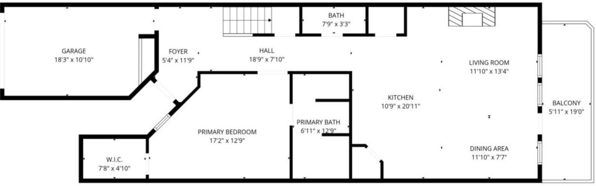 Ein Grundriss mit Garage, Eingangsbereich, Hauptschlafzimmer, Badezimmer, Küche, Essbereich, Wohnzimmer und Balkon.