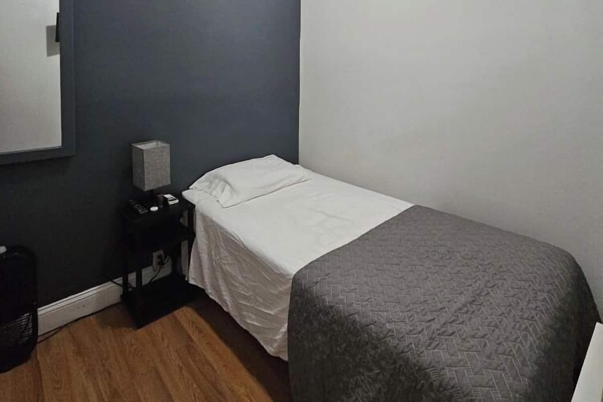 Una habitación pequeña con cama individual, pared gris, lámpara de techo blanca, mesita de noche con lámpara y suelo de madera.