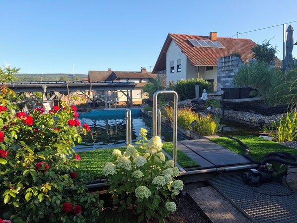 A residential area with a swimming pool, a bridge, and a statue. - Moderne, Top Ausgestattete, Ruhige, Barrierefreie Ferienwohnung (Nonnweiler)