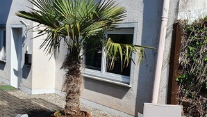A patio area with outdoor furniture, a potted plant, and a building with windows and a door. - Moderne, Top Ausgestattete, Ruhige, Barrierefreie Ferienwohnung (Nonnweiler)