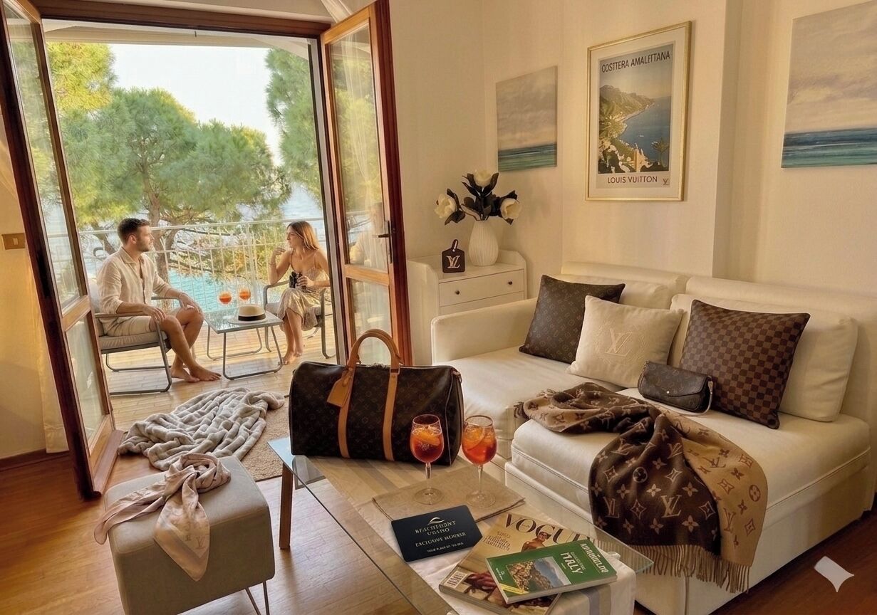 Ein Wohnzimmer mit einer Couch, einem Couchtisch mit Zeitschriften, einer Glastür zum Poolbereich und einer Louis Vuitton Tasche auf dem Boden.