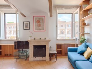 TV, fireplace, books