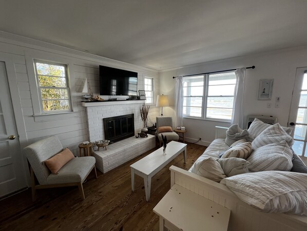 Smart TV, fireplace, books