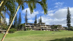 Un grand complexe hôtelier à plusieurs étages, doté d’une pelouse bien entretenue et de grands arbres.