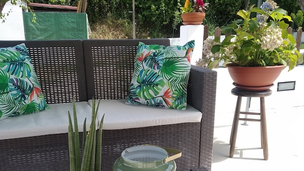 Un sofà de vimetlla amb coixins, una planta en test i un recipient de vidre amb una cullera.