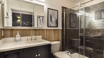 Douche, sèche-cheveux, serviettes fournies, savon