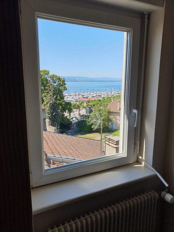 Una ventana con vistas a un puerto deportivo y edificios al otro lado del agua.