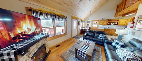 Smart TV, fireplace, video games, DVD player