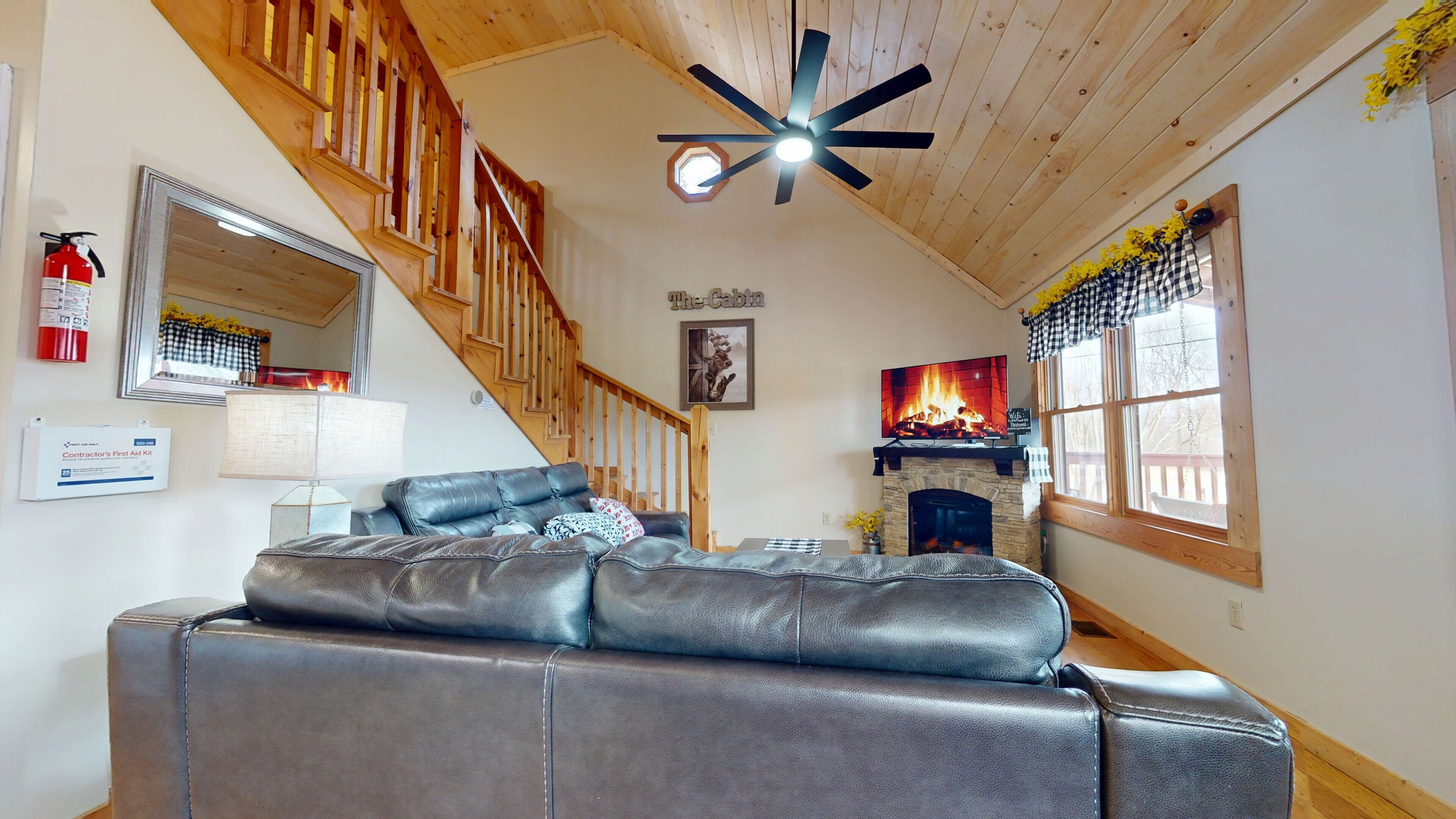 Smart TV, fireplace, video games, DVD player